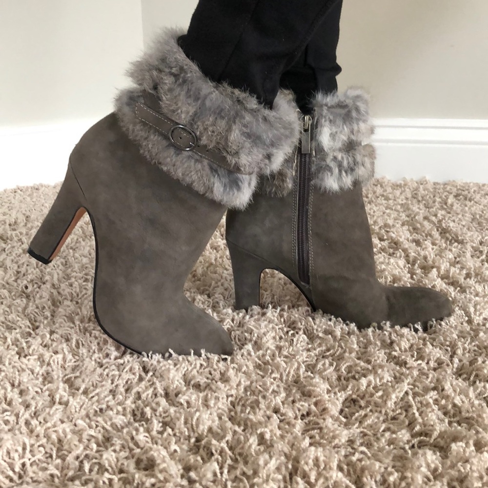 dolce vita grey suede ankle bootie with fur trim
